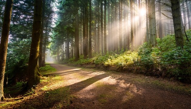 Quiet forest path leading through tall trees with soft dappled light filtering through the canopy